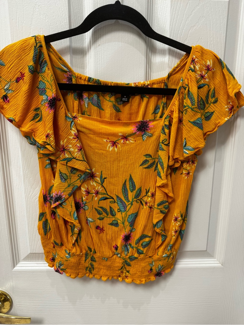 a.n.a Mustard Yellow Floral Ruffle Crop Top